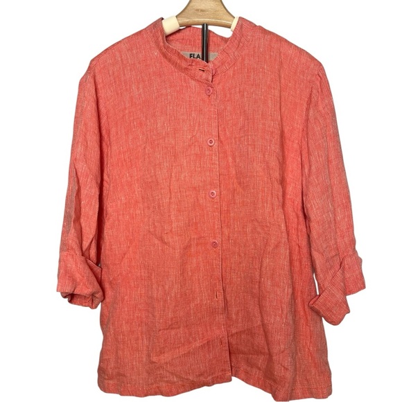 FLAX | Mandarin Collar Button Down Lightweight Shirt Orange Red Lagenlook - Picture 1 of 6